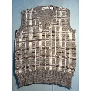 Filenes Mens Brown Plaid V-Neck Sweater Vest 100% Virgin Wool Italy Size M
